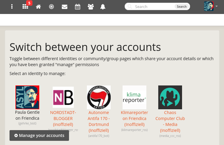 Screenshot: Overview page of the account management