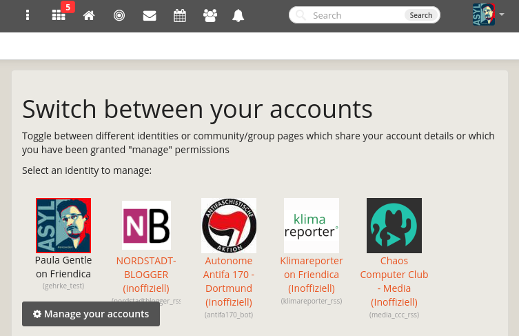 Screenshot: Übersichtsseite der verwalteten Accounts