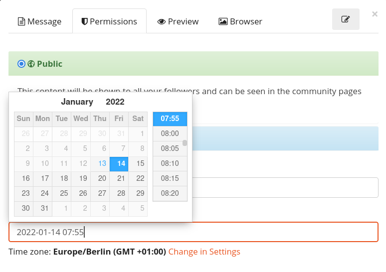 screen-shot: dialog to select the publishing time and date