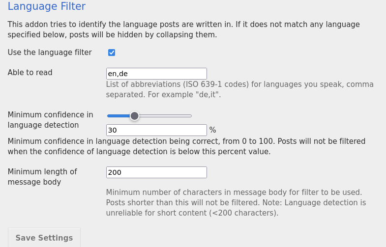 Screenshot of the "Language Filter" settings. Shown are settings for filtering all postings with a length over 200 characters, with a confidence in the language of 30% or higher, that are not written in English or German.